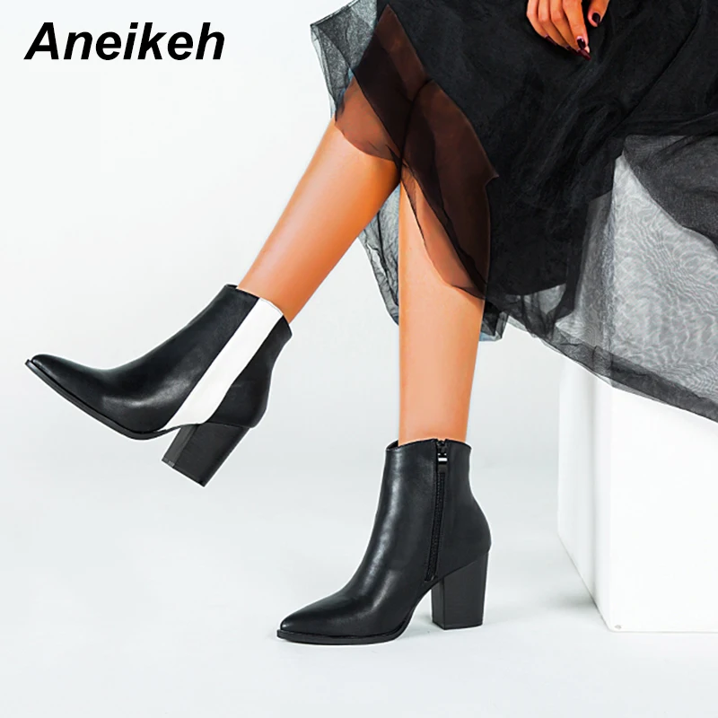 Aneikeh 2020 Autumn Winter PU Leather Cossacks Ankle Boots Women High Heels Pointed end Ladies Shoes Fashion Sexy Short Boots 43 Aneikeh 2020 Autumn Winter PU Leather Cossacks Ankle Boots Women High Heels Pointed end Ladies Shoes Fashion Sexy Short Boots 43