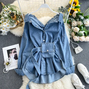 Belt Pockets Denim Shirt Female Design Cardiac Halter Strap Waist Thin Fashionable liang chuan kuan Coat-Music of the Tide 
Belt Pockets Denim Shirt Female Design Cardiac Halter Strap Waist Thin Fashionable liang chuan kuan Coat-Music of the Tide