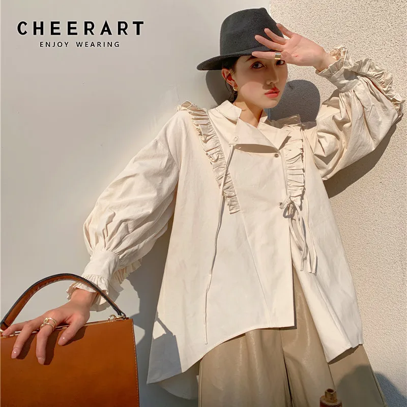 CHEERART Spring 2021 Cotton Lantern Sleeve Designer Shirt Long Sleeve Beige Stand Collar Tie Fashion Women Top And Blouse
CHEERART Spring 2021 Cotton Lantern Sleeve Designer Shirt Long Sleeve Beige Stand Collar Tie Fashion Women Top And Blouse