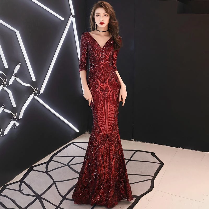 Wine Red Mermaid Chinese Evening Dress Deep V Neck Sequin Oriental Style Party Dresses Long Sexy Qipao Modern Women Wedding Gown
Wine Red Mermaid Chinese Evening Dress Deep V Neck Sequin Oriental Style Party Dresses Long Sexy Qipao Modern Women Wedding Gown