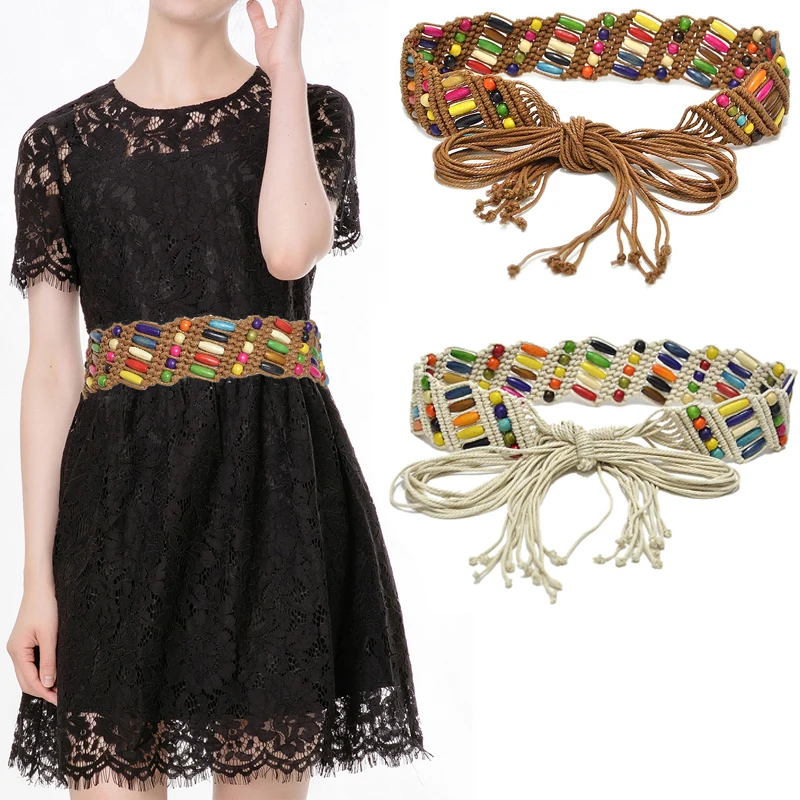 

New Fashion Retro Color Wooden Beads Handmade Wax Rope Woven Decorative Belt Ethnic Wind Wooden Beads Waist Chain