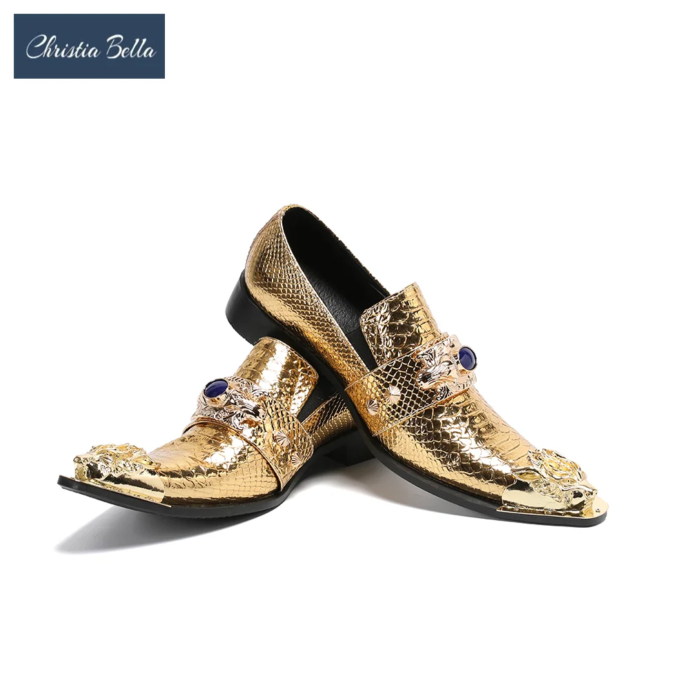 

Original Golden Snake Pattern Formal Shoes Man Monk Strap Formal Party Nightclub Metal Pointed Toe Cow Leather Dress Shoes