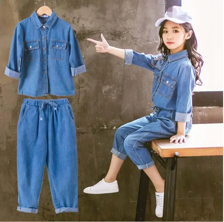 Denim Kids Clothing Set Casual Children Two Piece Suit Solid Blue Jeans Tops +Pants Teenage Girl Set Spring Autumn Tracksuit 
Denim Kids Clothing Set Casual Children Two Piece Suit Solid Blue Jeans Tops +Pants Teenage Girl Set Spring Autumn Tracksuit