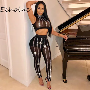 Sexy Women Two Pieces Set Diamond Sheer Mesh Zipper Halter Short Top + Long Pants Night Club Women Clothes Black Size 2xl
Sexy Women Two Pieces Set Diamond Sheer Mesh Zipper Halter Short Top + Long Pants Night Club Women Clothes Black Size 2xl