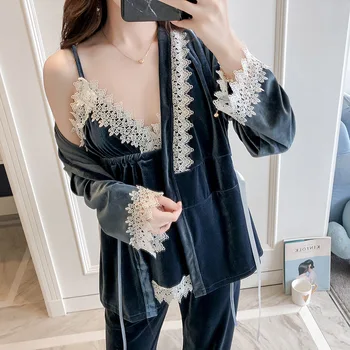 Lace Patchwork Women Pijamas Velour 3PCS Pajamas Suit Sexy Sleepwear Casual Lounge Nightwear Sleep Set Soft Strap Top&Pants 
Lace Patchwork Women Pijamas Velour 3PCS Pajamas Suit Sexy Sleepwear Casual Lounge Nightwear Sleep Set Soft Strap Top&Pants