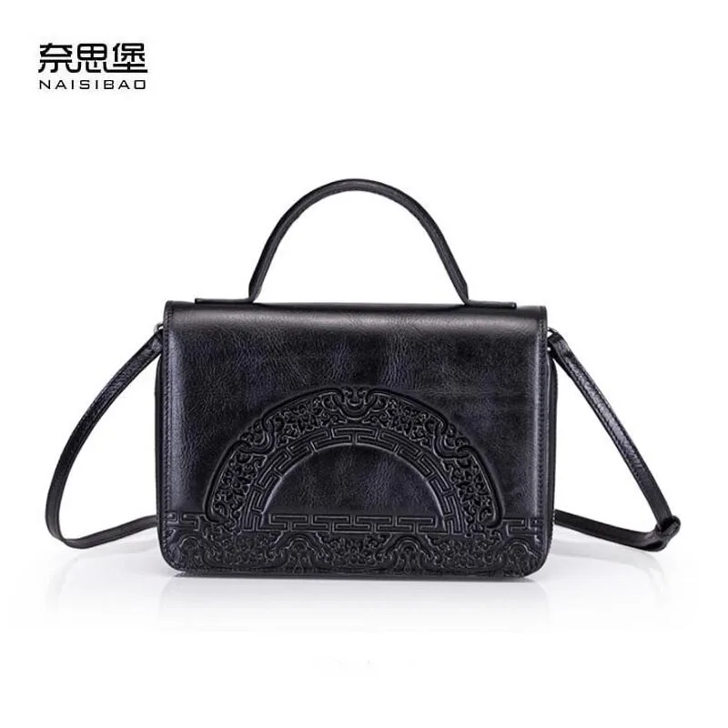 

NAiSIBAO 2019 New Cowhide women Genuine Leather bag Embossed fashion luxury handbags women bag designer tote women shoulder bag