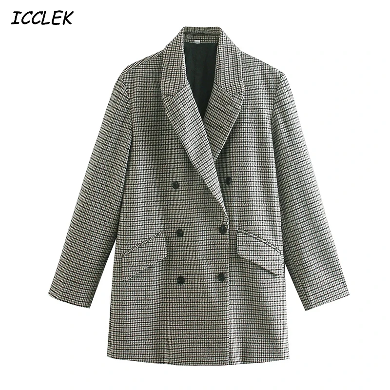 

Women's Blazers Office Formal Ladies Blazer Houndstooth Jackets Mujer Vintage Elegant Coat Femme Winter Casual Skinny Plaid Coat