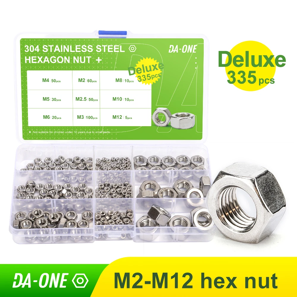 DA-ONE 335pcs Deluxe Hex Hexagon Nuts Assortment Kit M2 M2.5 M3 M4 M5 M6 M8 M10 M12 Stainless Steel Metric Hex Nut Set
DA-ONE 335pcs Deluxe Hex Hexagon Nuts Assortment Kit M2 M2.5 M3 M4 M5 M6 M8 M10 M12 Stainless Steel Metric Hex Nut Set