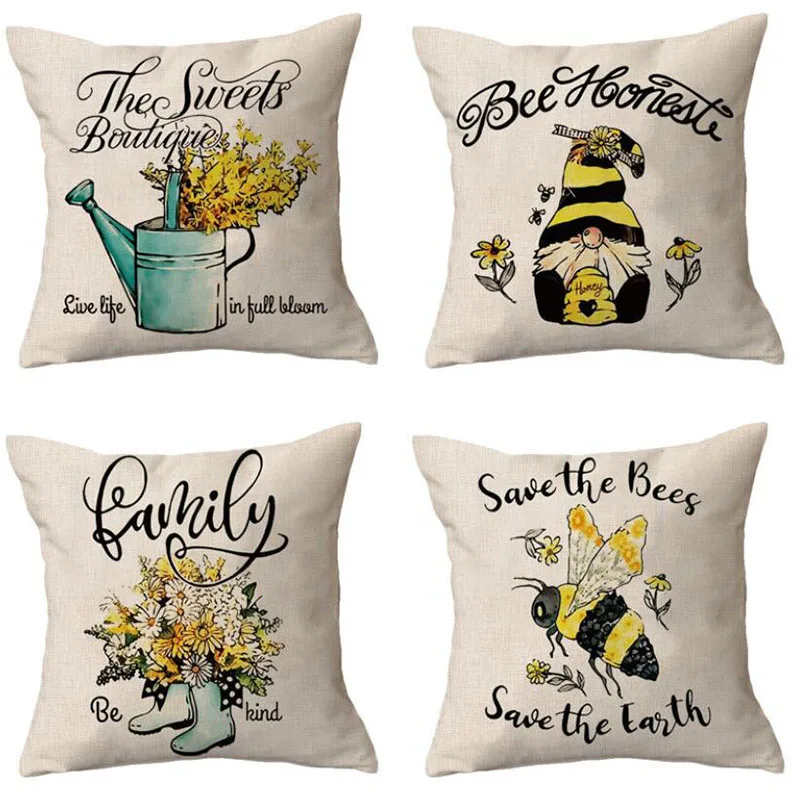 

2pcs/set Flax Pillow Case Sofa Decorative Cushion Cover Cartoon Bee Pattern Square Pillowcase Home Decor Home Textile