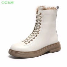

CICIYAGN Martin boots women Genuine Leather Lace-up ankle boots 2021 winter new Rabbit fur Platform Ladies short boots British