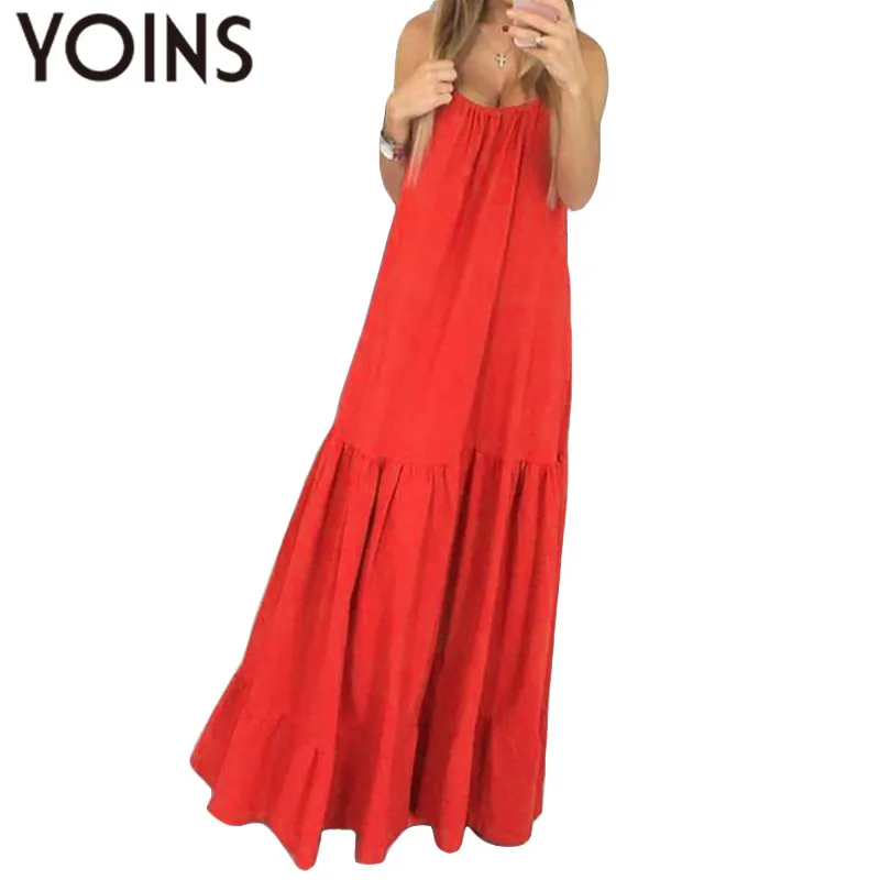 

YOINS Bohemian Dress Women 2019 Summer Sexy Sleeveless Spaghetti Strap Ruffle Swings Maxi Long Dresses Holiday Vestido Plus Size