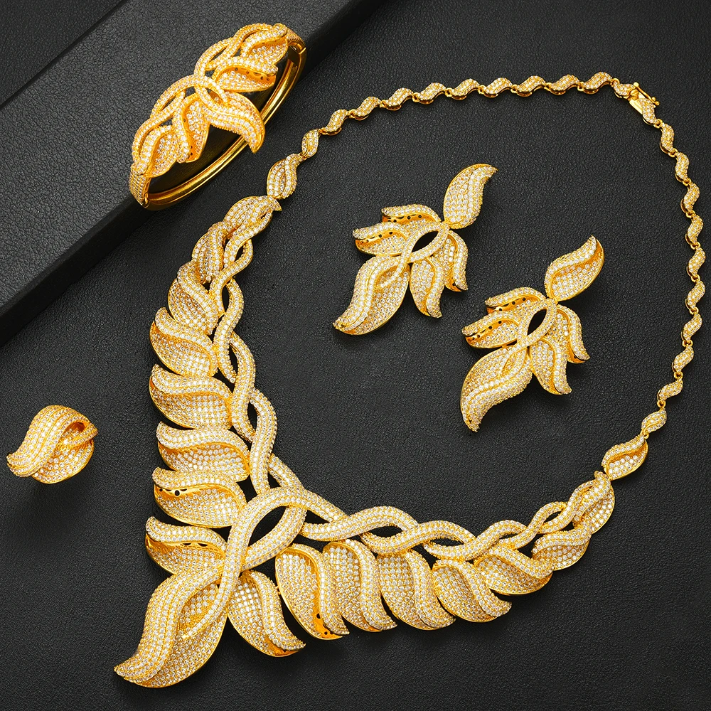 SISCATHY Famous Brand Trendy Leaf Charms Statement Necklace Earring Bangle Ring Set Luxury Nigerian Dubai Jewelry Sets 
SISCATHY Famous Brand Trendy Leaf Charms Statement Necklace Earring Bangle Ring Set Luxury Nigerian Dubai Jewelry Sets