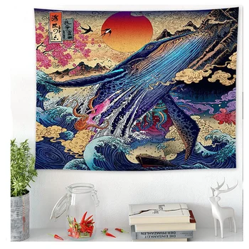 

Japanese Kanagawa Waves Printed Hanging Tapestry Whale Arowana Deer Snake Totem Wall Hanging Tapestries Boho Bedspread Blanket