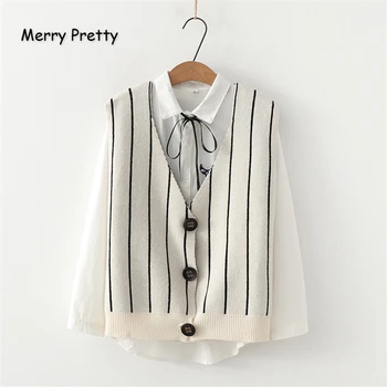 Merrt Pretty Women's Sets Single-breasted Striped Knitted Tank And Cat Embroidery Lace Up White Blouse 2019 Winter Two Piece Set 
Merrt Pretty Women's Sets Single-breasted Striped Knitted Tank And Cat Embroidery Lace Up White Blouse 2019 Winter Two Piece Set