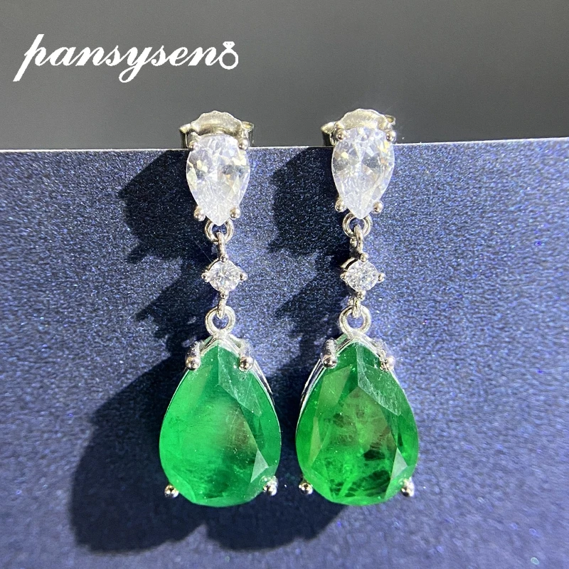 

PANSYSEN Charms 10X14MM Emerald Drop Earrings Women Green Gemstone Jewelry Sterling Silver 925 Dangle Earings Fashion Jewelry