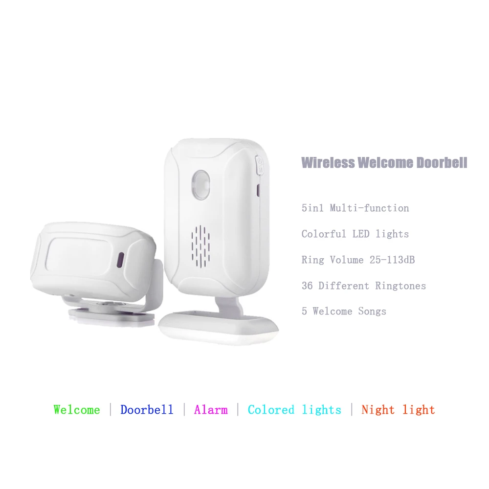 5in1 Wireless Welcome Doorbell Home Security Infrared IR Motion Sensor Welcome/Doorbell/Alarm/Colored LED lights/Night light
5in1 Wireless Welcome Doorbell Home Security Infrared IR Motion Sensor Welcome/Doorbell/Alarm/Colored LED lights/Night light
