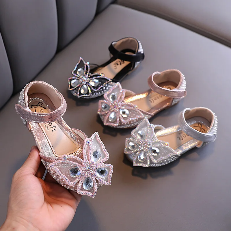 

2021New Kids Shoes Rhinestone Butterfly Crystal Sandal Girls Princess Shoes for Wedding Party Dance Performance Single Shoes