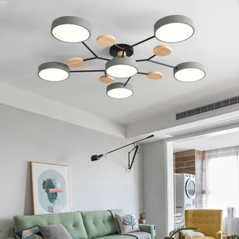 

Modern 220V LED Ceiling Lights With Round Metal Lampshades For Living Room Nordic Wooden Bedroom Surface Mounted Lustres
