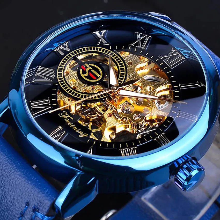 Blue leather Fashion Retro Men's Automatic Mechanical Watch Top Brand Luxury Full Golden Design Luminous Hands Skeleton Clock
Blue leather Fashion Retro Men's Automatic Mechanical Watch Top Brand Luxury Full Golden Design Luminous Hands Skeleton Clock
