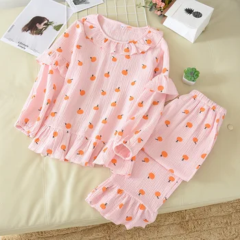 Women's Printed Stitching Pajamas Spring Summer Home Night Clothes Suit with Cotton Washed Double Gauze Comfortable and Loose
Women's Printed Stitching Pajamas Spring Summer Home Night Clothes Suit with Cotton Washed Double Gauze Comfortable and Loose