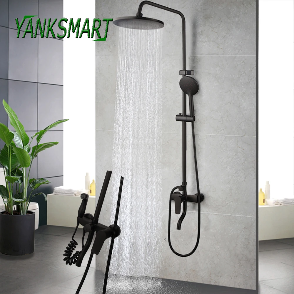 

YANKSMART Matte Black Bathroom Faucet Rainfall Bathtub Faucet Wall Mounted Bath Shower Mixer Water Tap Shower Faucets Combo Kit