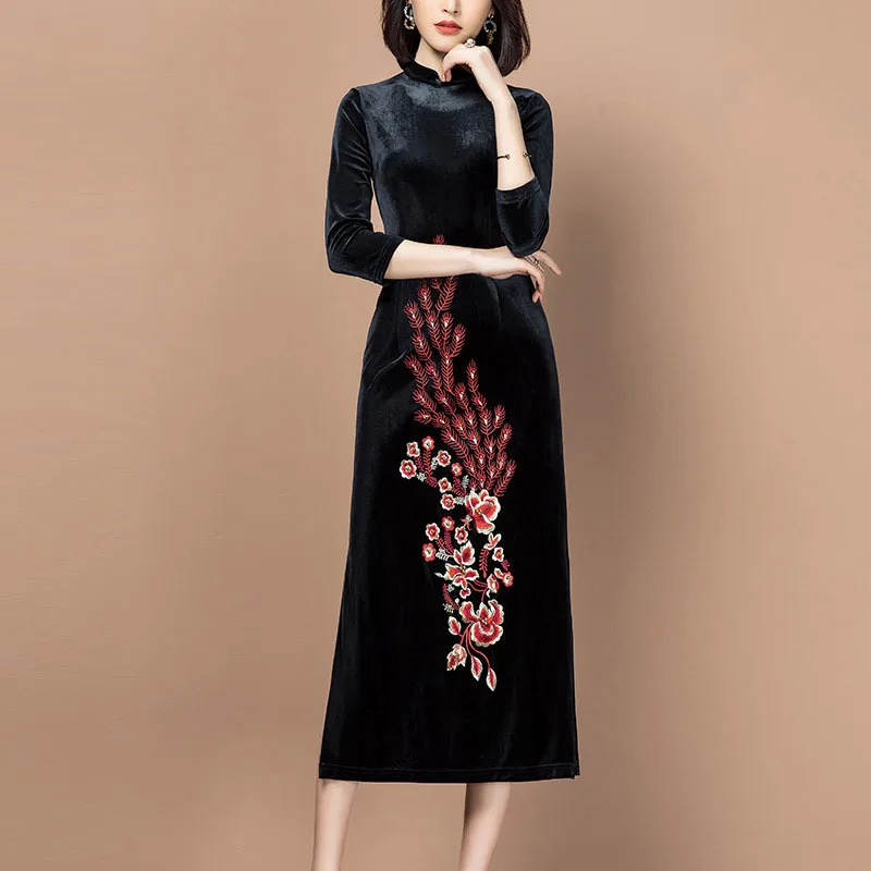 2020 New Style Spring Europe And America Waist Hugging Black Embroidery Stand Collar Three-quarter-length Sleeve Slit Velvet Dre
2020 New Style Spring Europe And America Waist Hugging Black Embroidery Stand Collar Three-quarter-length Sleeve Slit Velvet Dre