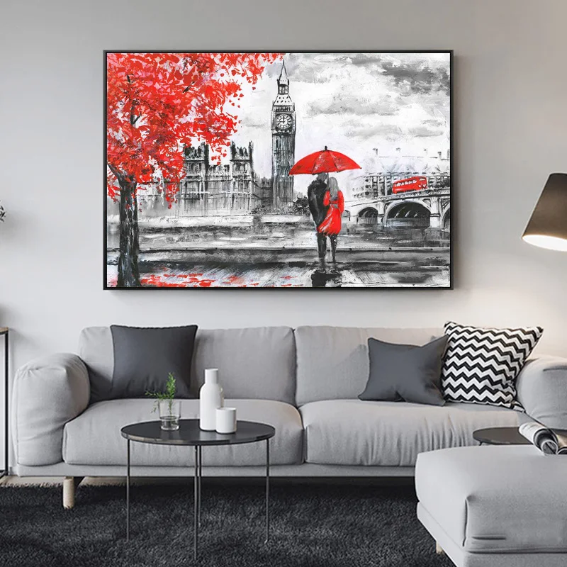 

Lovers Under the Red Umbrella Oil Painting on Canvas Posters London Landscape Wall Art Print Picture for Living Room Home Decor