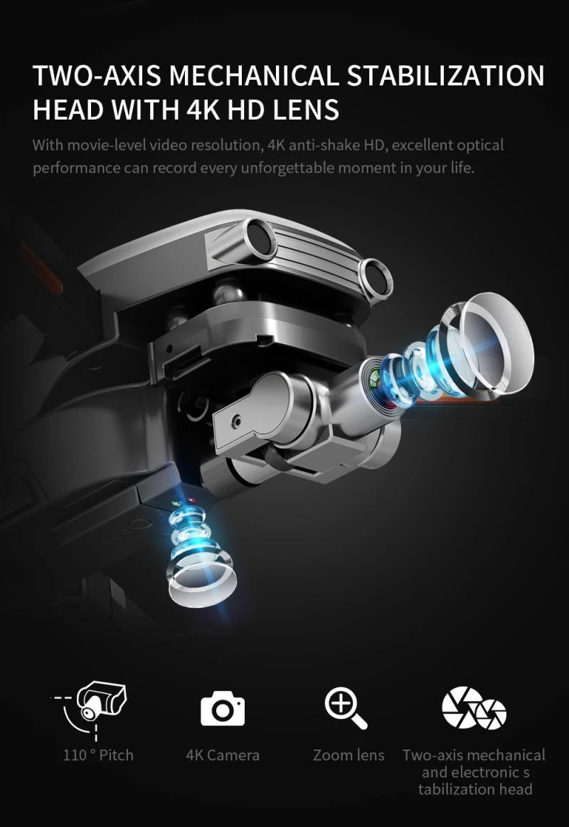 L109 Pro Drone, two-axis mechanical and electronic $ tabilization head with 4K HD LENS