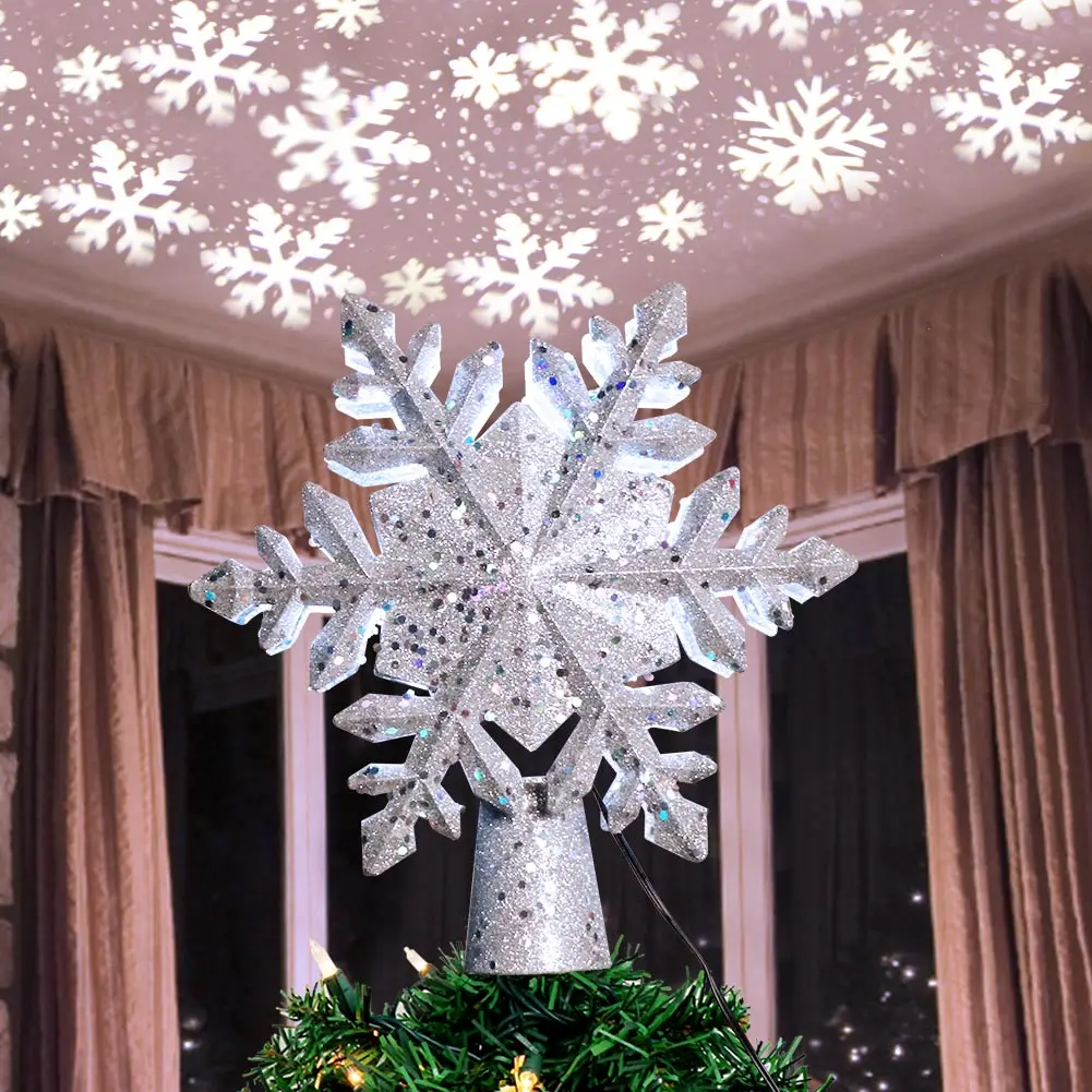 

Christmas Tree Topper LED Light Star Snowflake Decoration Projection Rotating Glitter Top Light Xmas Tree for New Year Home 2023