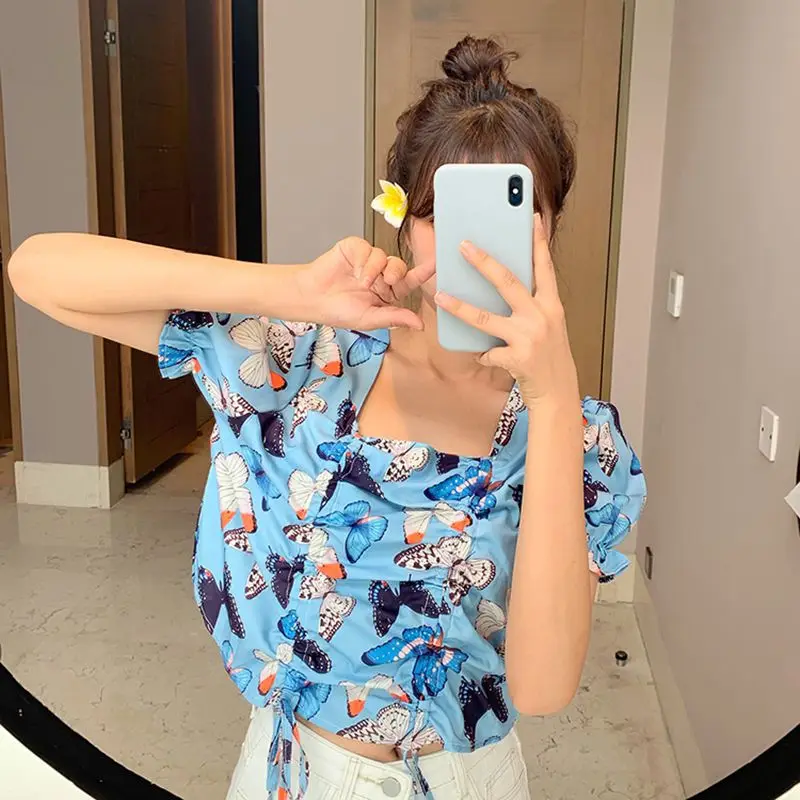 Summer Blouse Women Butterfly Print Drawstring Short Top Blouse Korean Chiffon Square Collar Sweet Short Tops
Summer Blouse Women Butterfly Print Drawstring Short Top Blouse Korean Chiffon Square Collar Sweet Short Tops