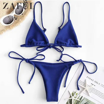 

ZAFUL Ribbed Low Waisted Cami Bikini Set Spaghetti Straps Wire Free String Bikini Solid Women Swimwear Push Up Bathing Suit 2019