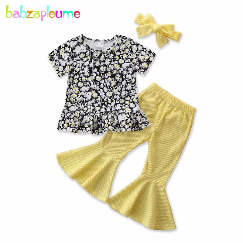 

3Piece/2-6Years/2020 New Toddler Summer Clothes Fashion Flowers T-shirt+Yellow Pants+Headband Baby Girls Boutique Outfits BC1297