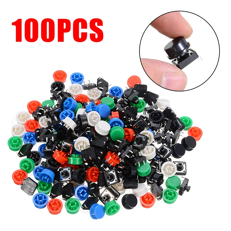 100Pcs/Set Plastic Tact Button Switch Keys Tactile Switches PCB Tact Push Momentary Button + 5 Color Caps 12x12x7.3mm
100Pcs/Set Plastic Tact Button Switch Keys Tactile Switches PCB Tact Push Momentary Button + 5 Color Caps 12x12x7.3mm