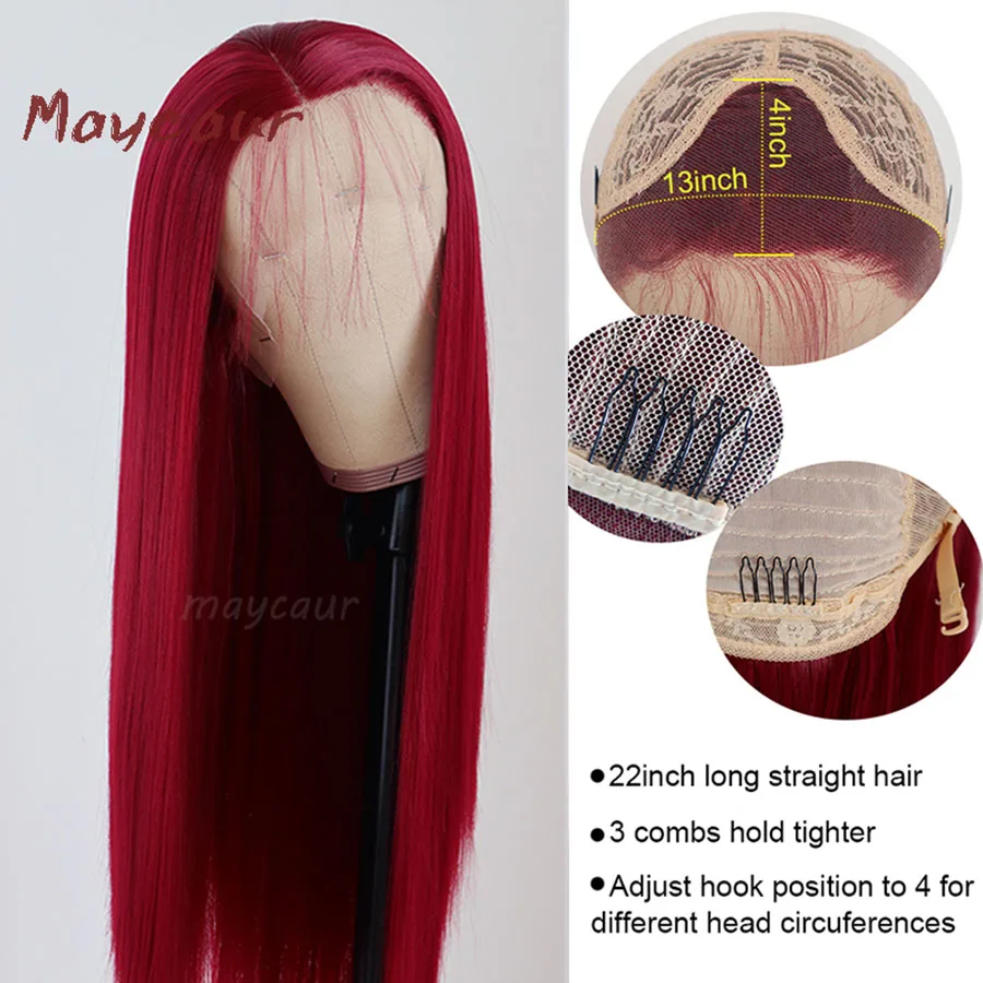 Maycaur RD900 Red Color Wig Long Straight Synthetic Lace Front Wigs with Natural Baby Hair Heat Resistant Wigs for Black Women (5)