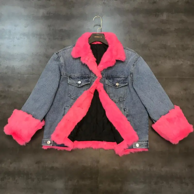 New Net red same model winter color rabbit hair cuffs double pockets with cotton denim jacket top female
New Net red same model winter color rabbit hair cuffs double pockets with cotton denim jacket top female