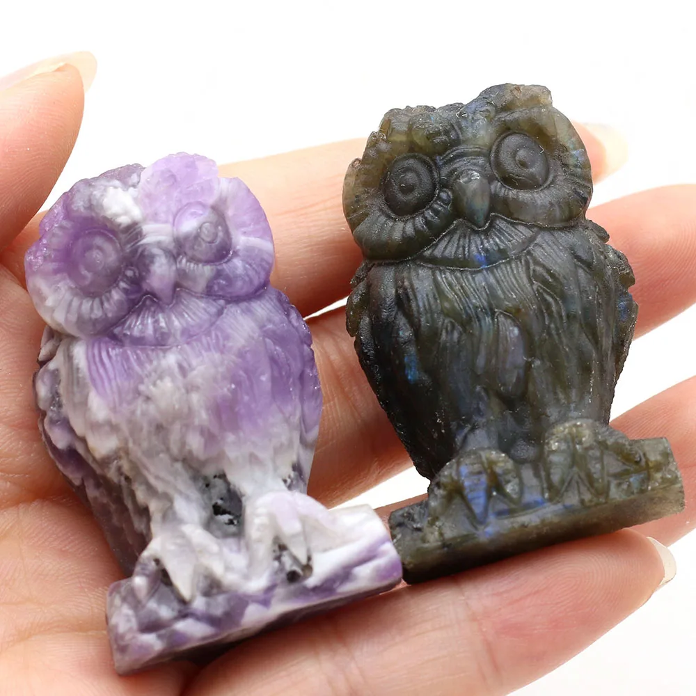 

1PC Natural Stone Amethyst Rose Quartz Ornaments Owl Animal Crafts Carving Healing Crystal Mineral Gem Figurine Home Decoration