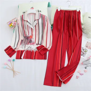 Red Striped Women Pajamas Set Long Sleeve 2 PCS Shirt&Pant Stain Silky 2PCS Sleepwear Nightwear Female Pajamas Suit Home Wear
Red Striped Women Pajamas Set Long Sleeve 2 PCS Shirt&Pant Stain Silky 2PCS Sleepwear Nightwear Female Pajamas Suit Home Wear