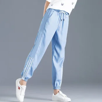 Women Summer Thin Tencel Jeans Elastic High Waist Drawstring Side Stripe Ankle-length Loose Breathable Cuff Pencil Jean Trousers
Women Summer Thin Tencel Jeans Elastic High Waist Drawstring Side Stripe Ankle-length Loose Breathable Cuff Pencil Jean Trousers