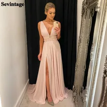 

Sevintage Pink Chiffon Saudi Arabia Long Prom Dresses Deep V-Neck Formal Evening Party Dress Slit Side Dubai Wedding Party Gowns