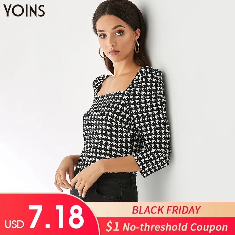 

YOINS 2019 Autumn Winter Women Blouse And Shirts Random Geometrical Square Neck Casual Regular Vintage Stylish Tops bloes dames