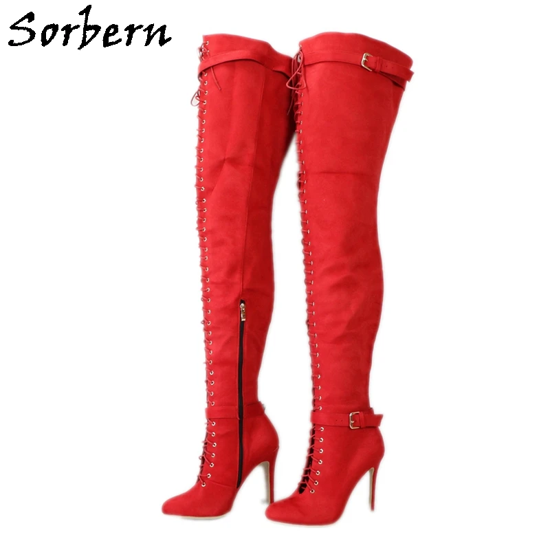 

Sorbern Red Mid Thigh High Boots Women High Heels Pointy Toes Lace Up Front Side Zippers Custom EU size 33 to 48 Long Boot