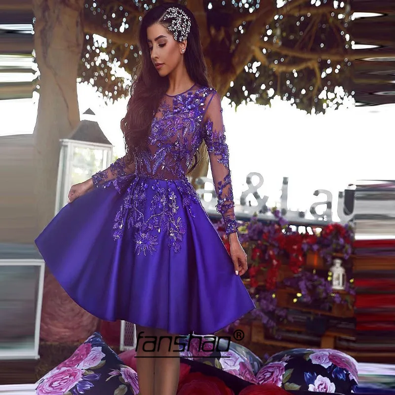 Purple Homecoming Dresses Illusion Full Sleeve Satin Party Dresses Knee Length Prom Dress vestidos de graduacion
Purple Homecoming Dresses Illusion Full Sleeve Satin Party Dresses Knee Length Prom Dress vestidos de graduacion
