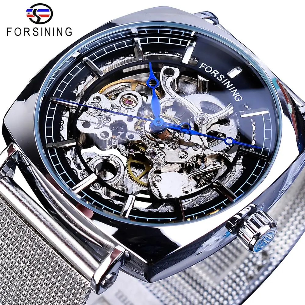 

Forsining New Fashion Mechanical Watch For Men Square Automatic Skeleton Analog Silver Slim Mesh Steel Band Watch Relojes Hombre