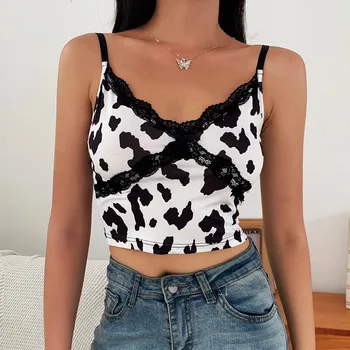 Women Summer Sling Vest Animal Pattern Ladies Lace V Neck Backless Club High street Pullover Crop top Hot Sexy Camisoles Tanks