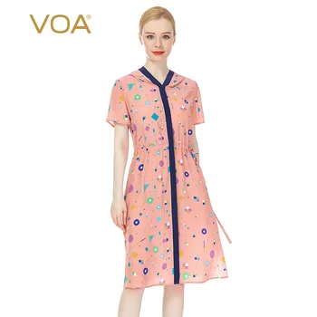 VOA silk fashion print short-sleeved drawstring lace-up waist bumper stitching hooded slim and elegant dress AX17 
VOA silk fashion print short-sleeved drawstring lace-up waist bumper stitching hooded slim and elegant dress AX17