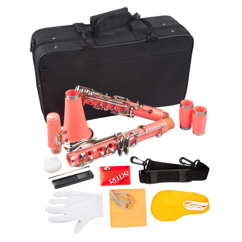 B Clarinet, With 17 Keys, PVC Plastic Bb Flat Clarinet Set, Incl. Bag, Cork Grease, Cleaning Cloth, Mouthpiece, Strap - Pink B Clarinet, With 17 Keys, PVC Plastic Bb Flat Clarinet Set, Incl. Bag, Cork Grease, Cleaning Cloth, Mouthpiece, Strap - Pink