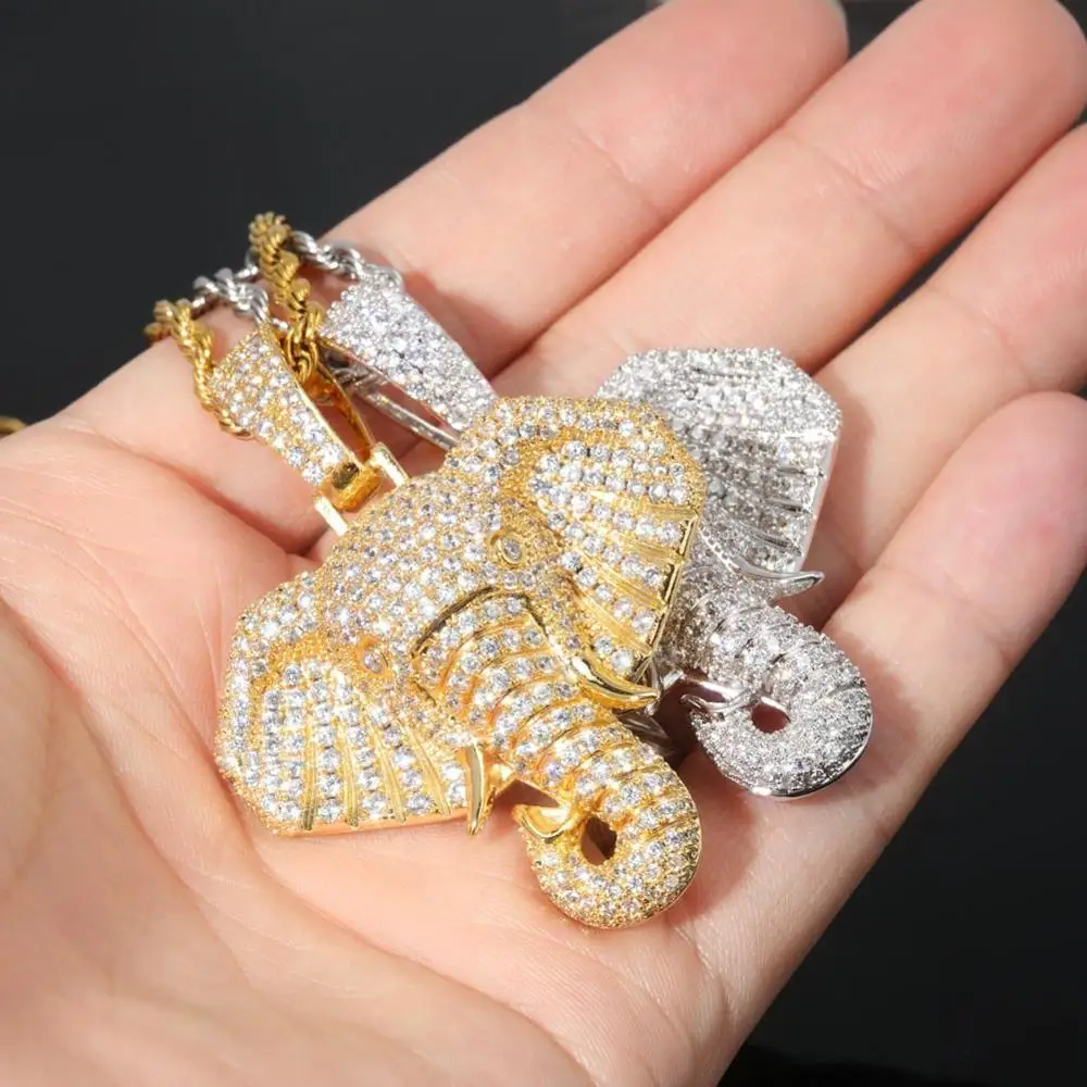 

Hip Hop Micro Paved AAA Cubic Zirconia Bling Iced Out Animal Elephant Pendants Necklace for Men Rapper Jewelry Rose Gold Silver