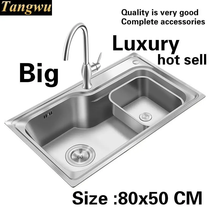 

Free shipping Apartment luxurious big kitchen single trough sink standard food grade 304 stainless steel hot sell 800x500 MM