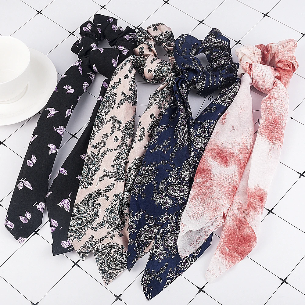 

2019 Flower Stripe Streamers Hair Ring Fashion Ribbon Attractive Ponytail Scarf Bow Elastic Hair Rope Tie Scrunchies Hair Band