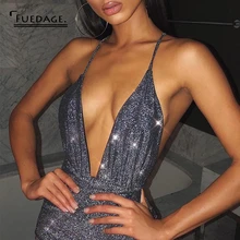 Fuedage 秋スパンコール黒包帯ドレス女性グリッタークラブボディコンパーティードレススパークル v ネックバックレスセクシーなドレス vestidos(China)